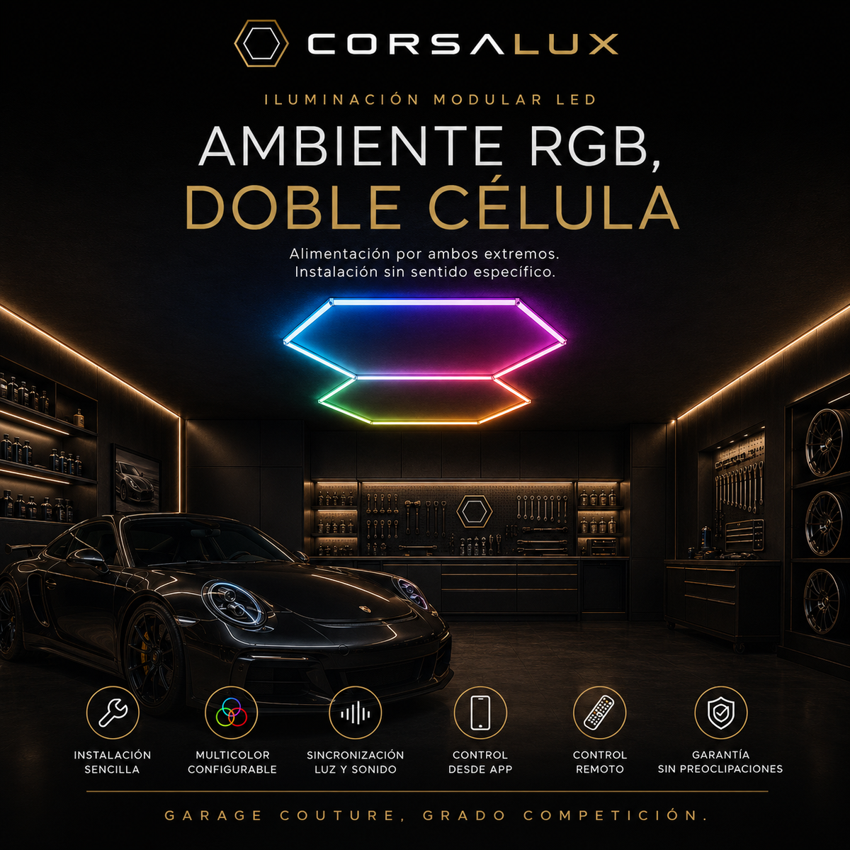 CorsaLux Hexa RGB — Iluminación hexagonal LED 7 colores para ambiente