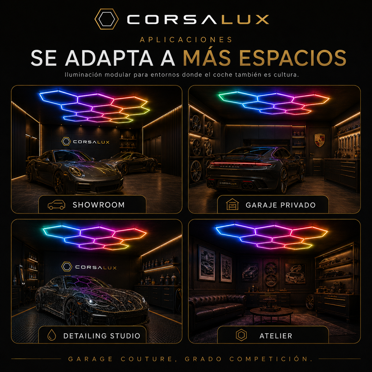 CorsaLux Hexa Pro — Iluminación hexagonal LED tricolor para taller