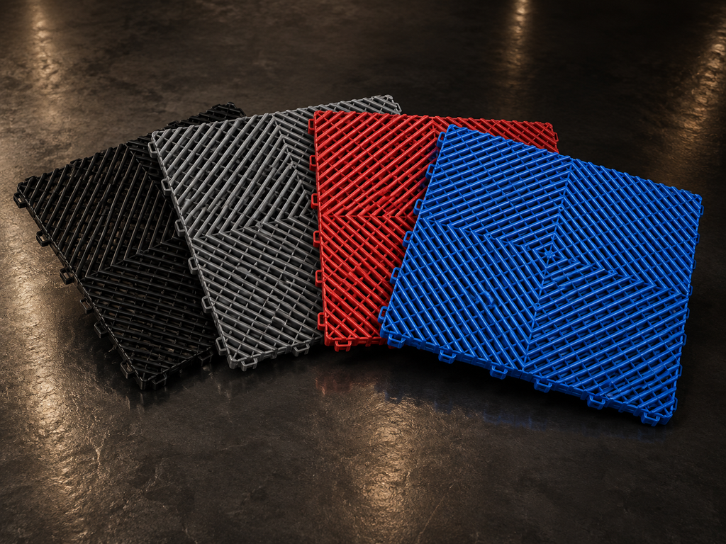 Gama de colores de la loseta CorsaLux Apex: negro, grafito, rojo y azul