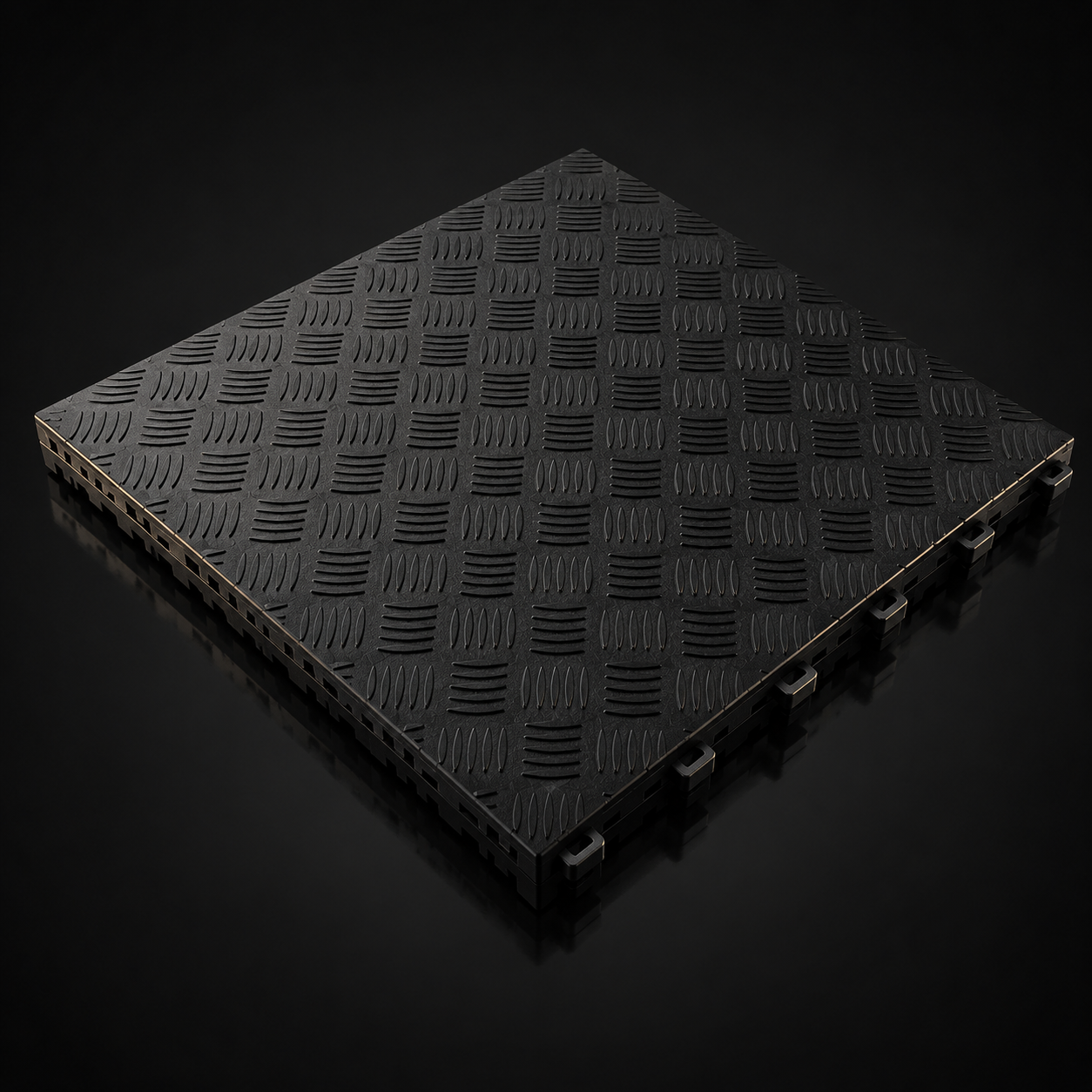Loseta de garaje CorsaLux Chicane en negro, vista 3/4, pisada checker-plate