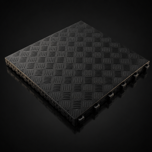 Loseta de garaje CorsaLux Chicane en negro, vista 3/4, pisada checker-plate