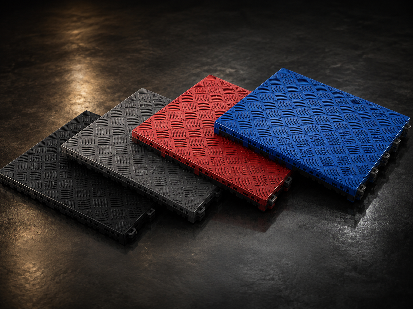 Gama de colores de la loseta CorsaLux Chicane: negro, grafito, rojo y azul