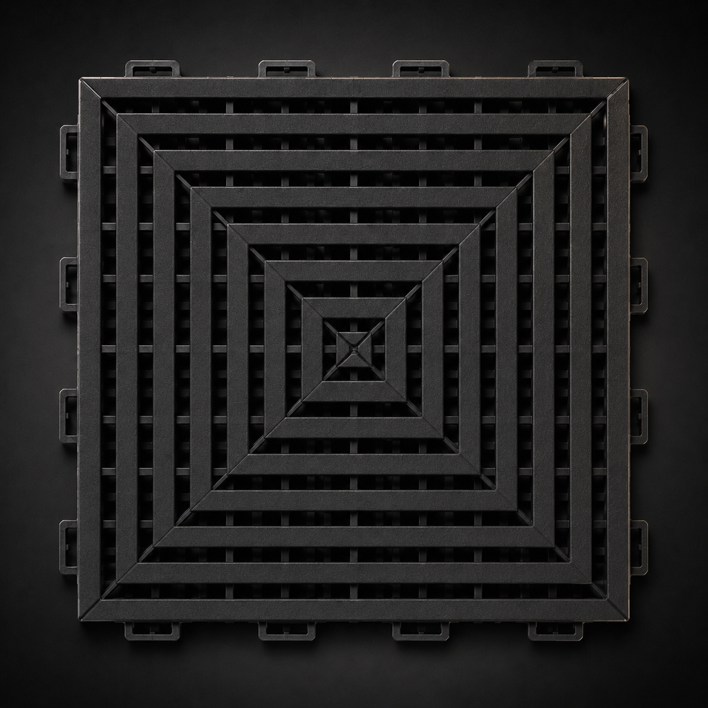 Loseta de garaje CorsaLux Grid en negro, vista cenital, patrón espiral