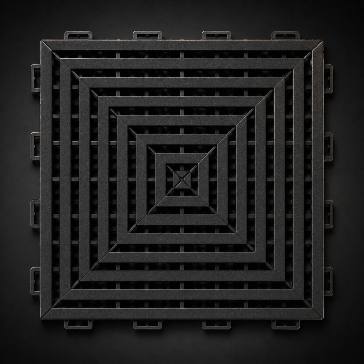 Loseta de garaje CorsaLux Grid en negro, vista cenital, patrón espiral