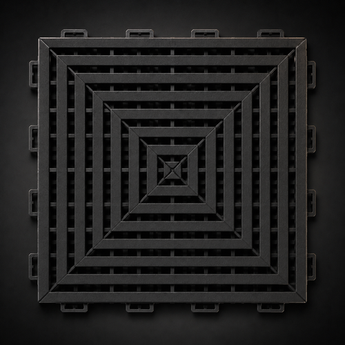 Loseta de garaje CorsaLux Grid en negro, vista cenital, patrón espiral