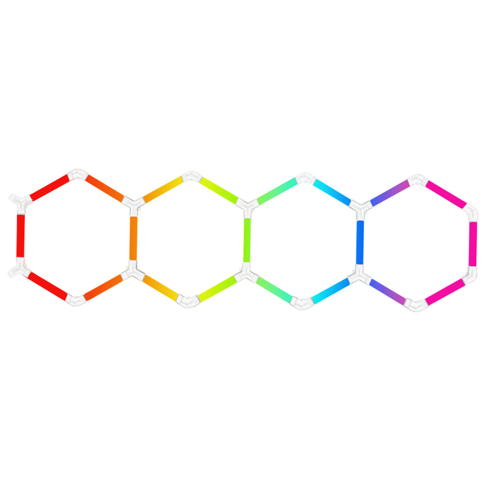 Luminaria LED hexagonal RGB CorsaLux Hexa RGB-4, 4 hexágonos en fila, luz de 7 colores