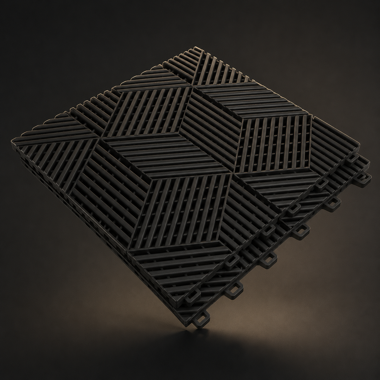 Loseta de garaje CorsaLux Strato en negro, vista 3/4, rejilla 3D drenante
