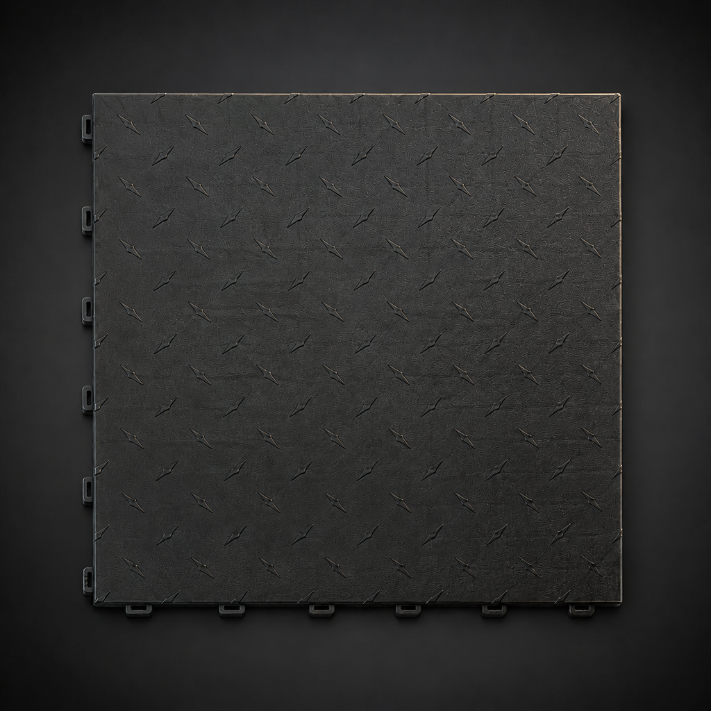 Loseta de garaje CorsaLux Vertex en negro, vista cenital, patrón diamante