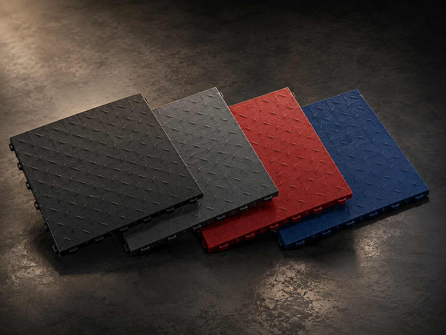 Gama de colores de la loseta CorsaLux Vertex: negro, grafito, rojo y azul